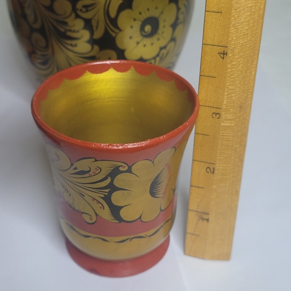 Vintage Russian Khokhloma wood set Vodka bottel 6 goblets one water gobl… - Picture 14 of 16